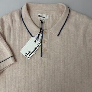 The Commons Polo Sweater Mens M Pink Beige Ribbed Knit Cotton Short Sleeve NWT